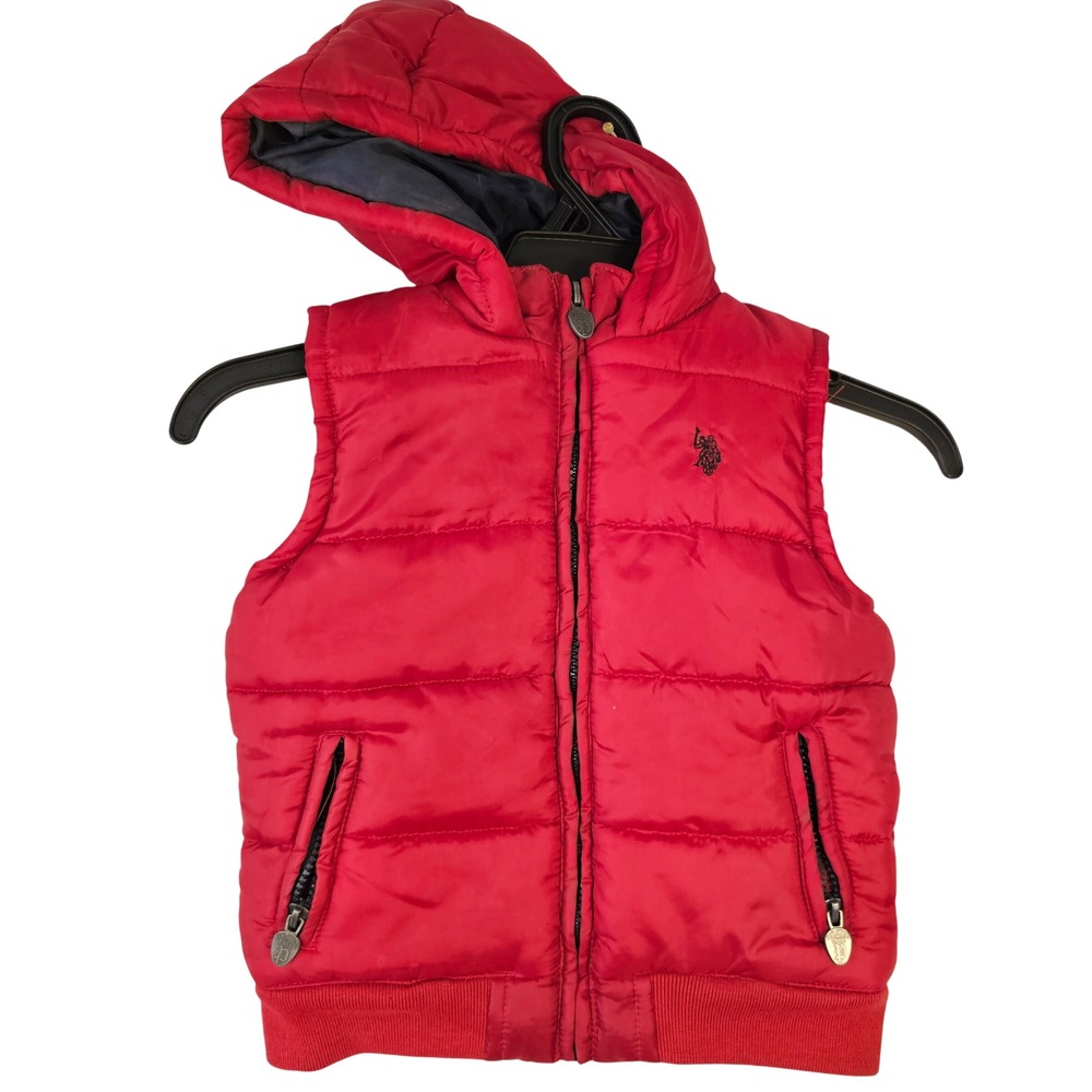 US Polo Assn Red Hooded Puffer Vest Toddler Size 2T Full Zip Sleeveless Jacket